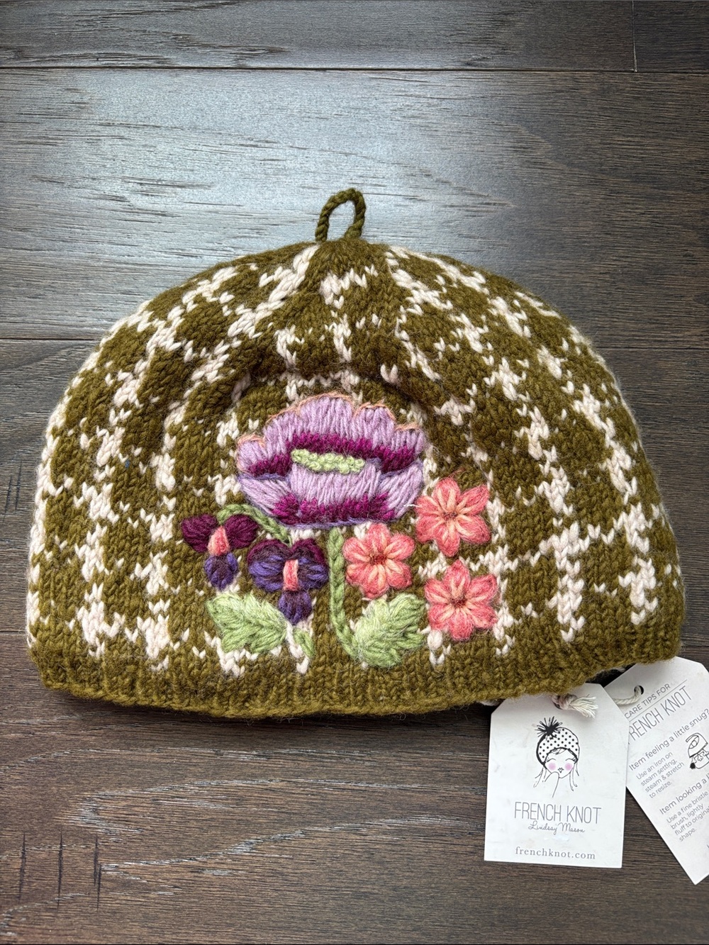 French Knot Handcrafted Wool Embroidered Floral  Beanie Tartan knit hat